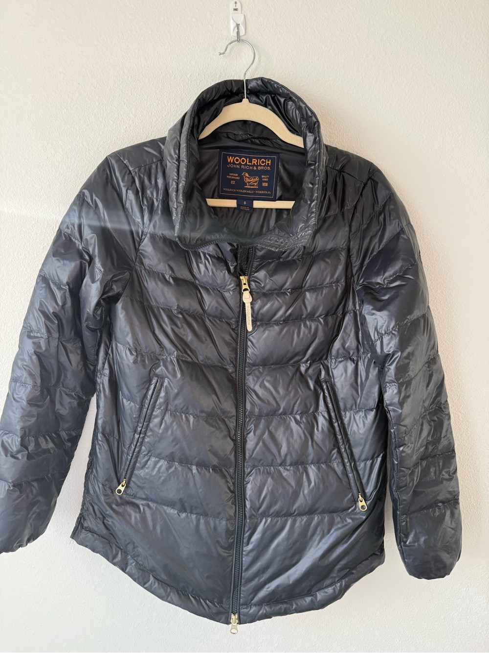 Woolrich Down Puffer Jacket S Navy Blue Lightweight Packable Zip Coat Women